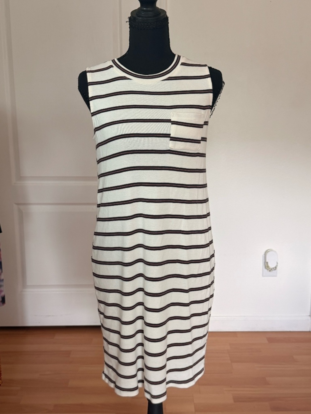 Three Dots Striped Sleeveless Tank Dress XS Ivory Black Rust Pocket